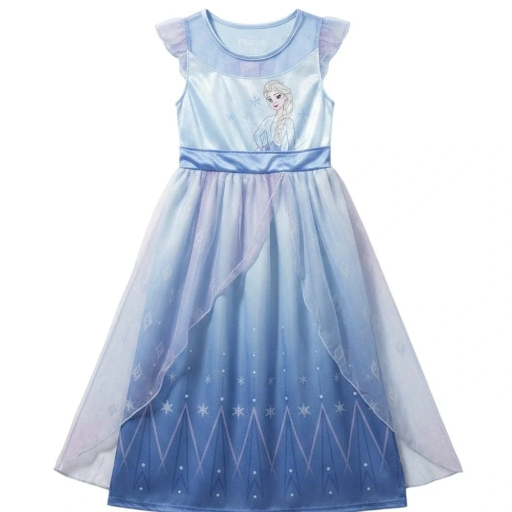 Disney Frozen Elsa Girls Nightgown Blue Purple Tulle Sleep Dress S 6/6X NEW